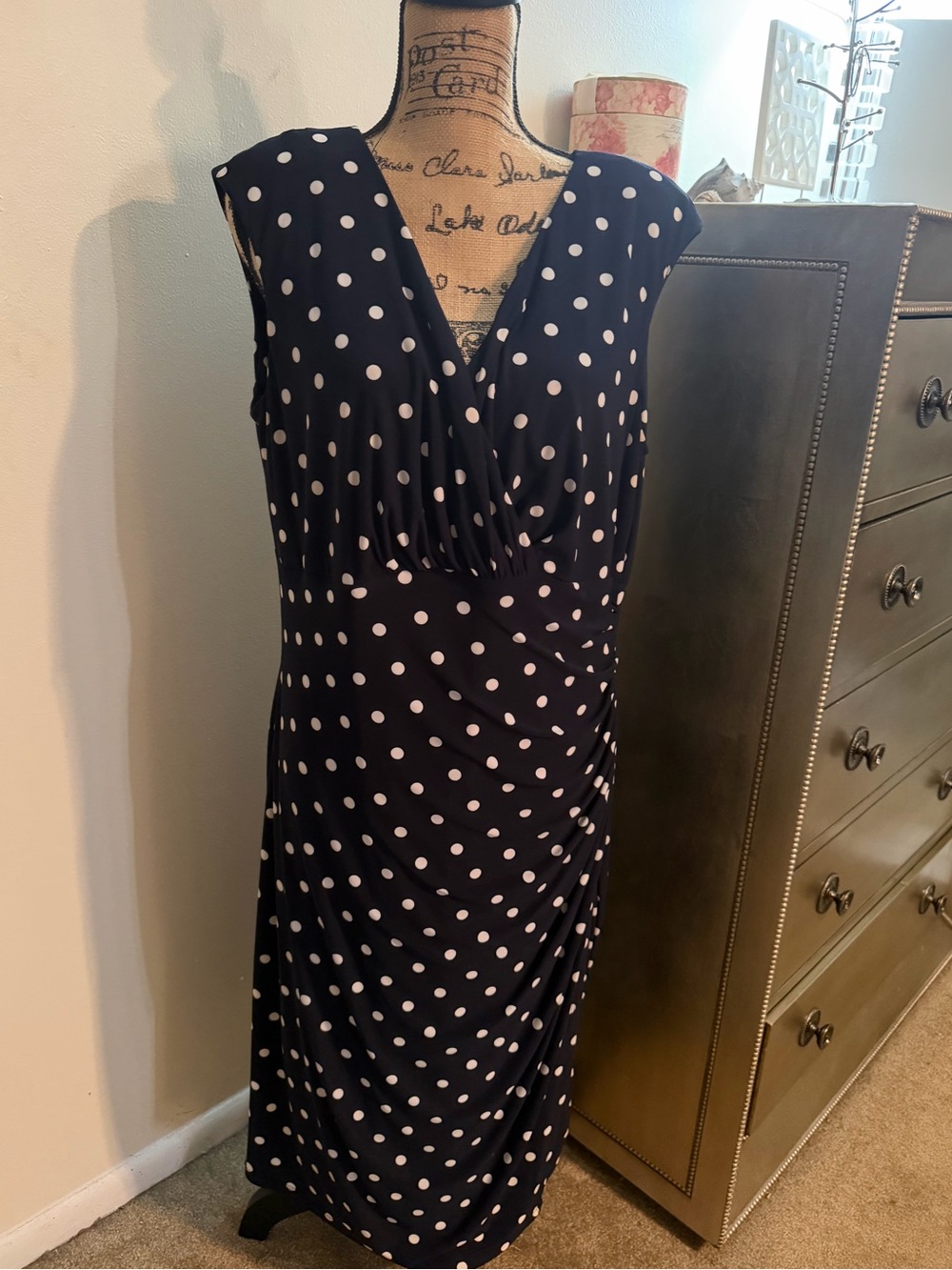 Ralph Lauren Navy and White Polka Dot Midi Dress